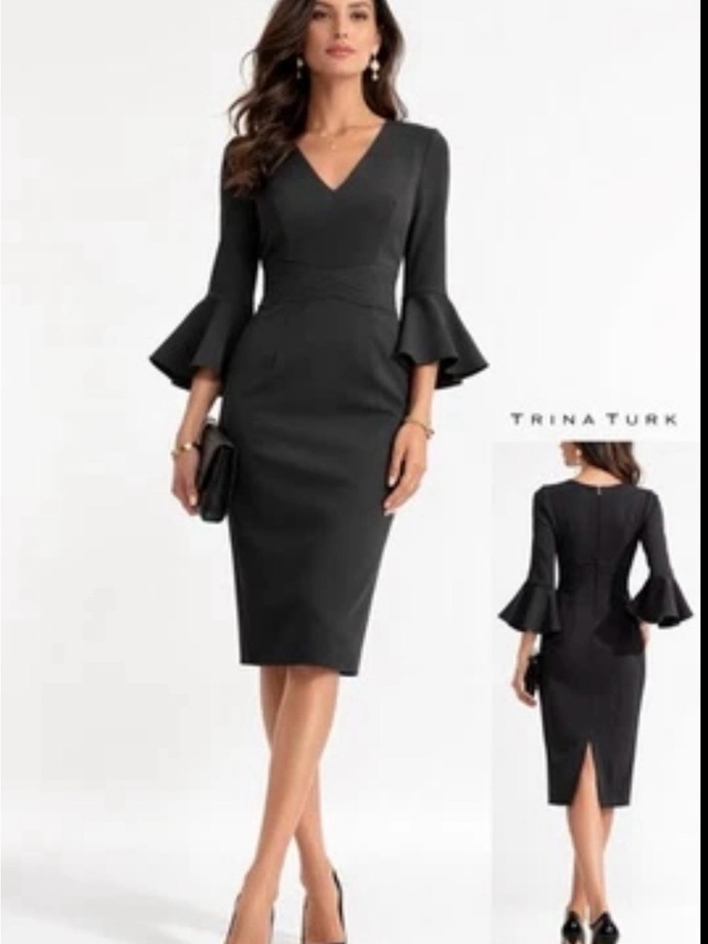 Trina Turk Black Solid Sheath Dress V-Neck Bell 3/4 Sleeve Knee Zip Size 4 $298